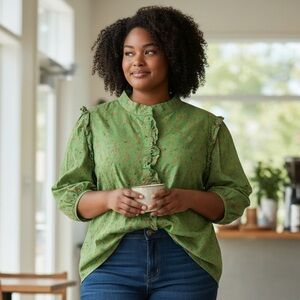 Eloquii Green Printed Button Down Shirt with Ruffle front and ruffle shoulder